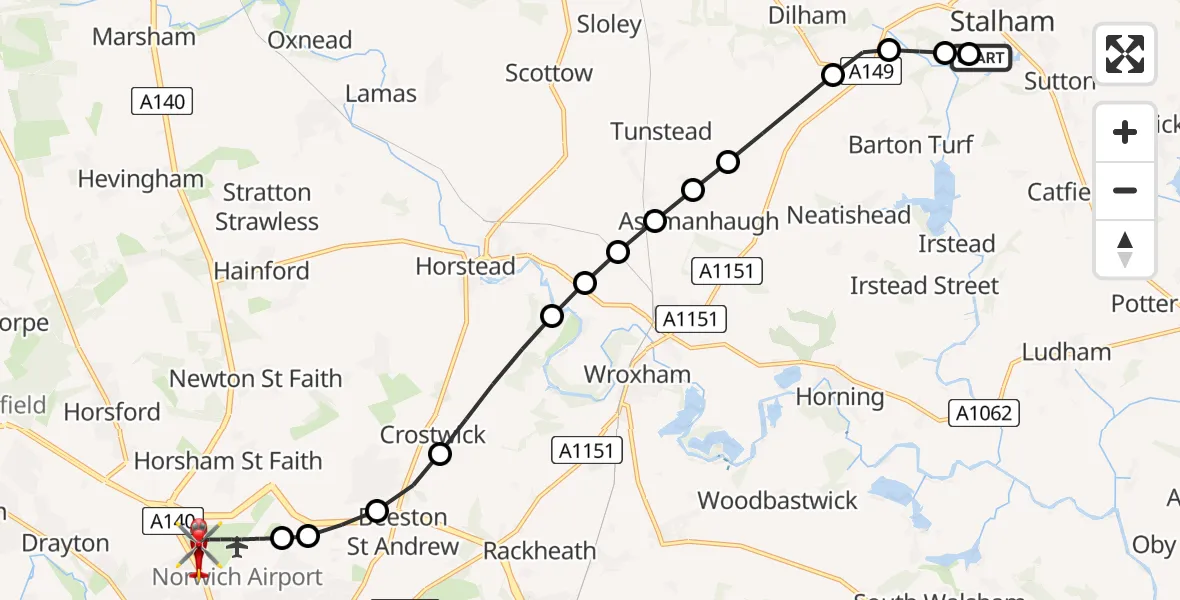 Flight route Air Ambulance Helicopter Stalham - Norwich Airport, 17 July 2026, 08:17