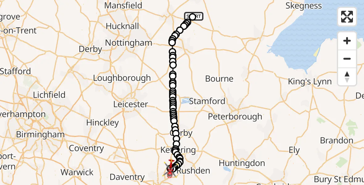 Flight route Air Ambulance Helicopter North Kesteven - Sywell Aerodrome, 17 July 2026, 08:18