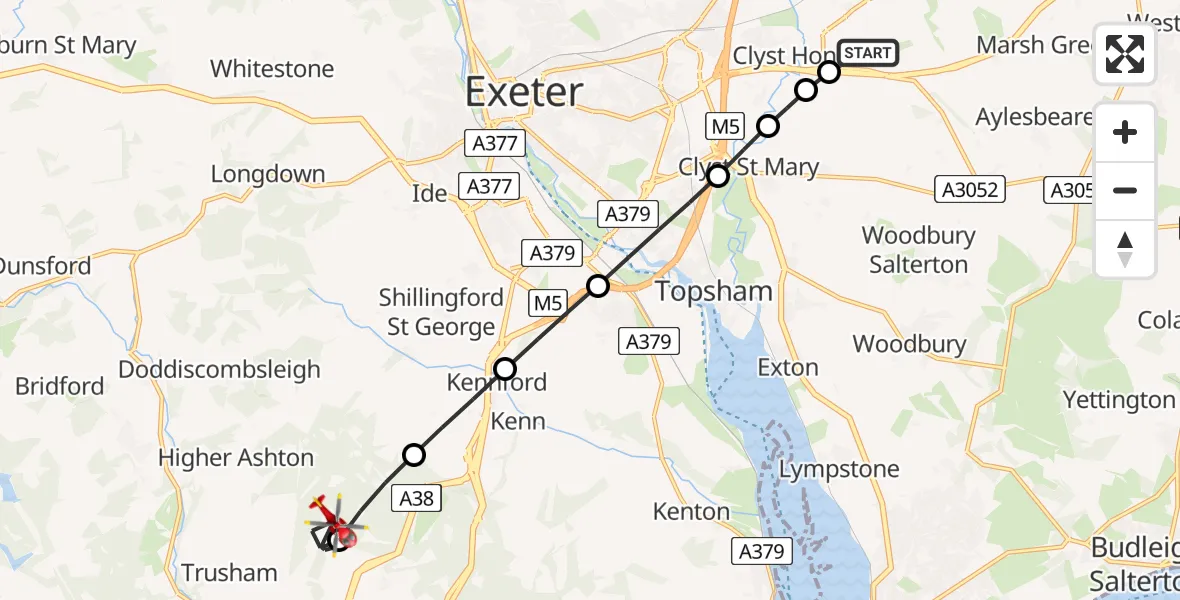 Flight route Air Ambulance Helicopter Exeter International Airport - Chudleigh, 17 July 2026, 08:27
