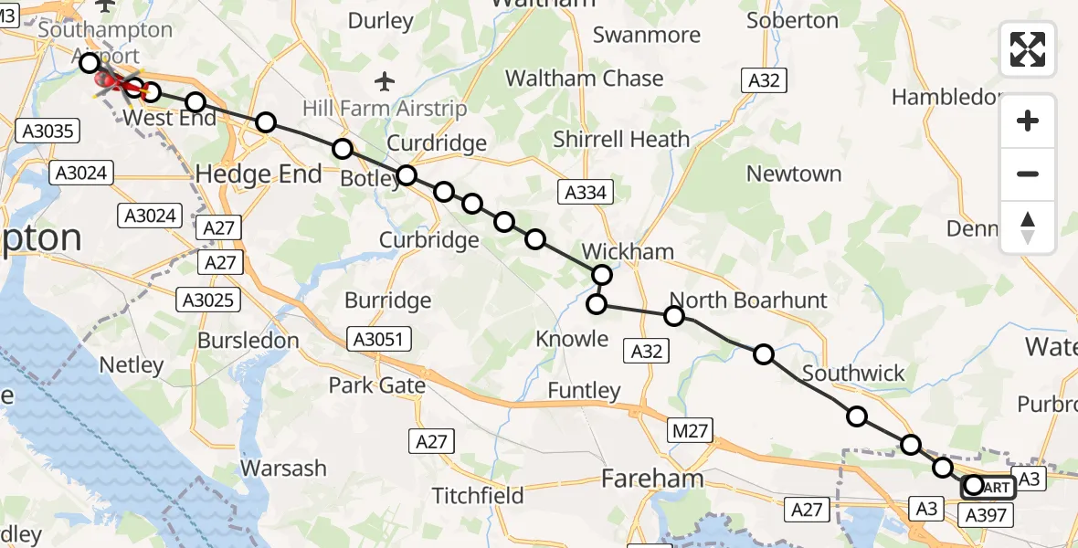 Flight route Air Ambulance Helicopter Queen Alexandra Hospital - West End, 17 July 2026, 08:44