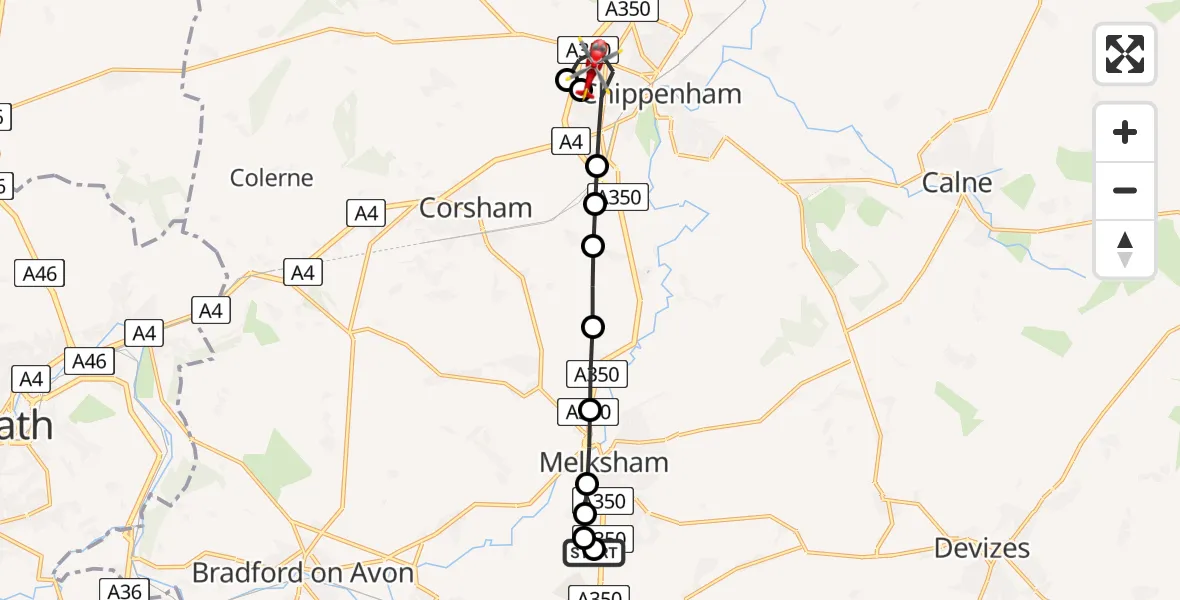 Flight route Air Ambulance Helicopter Wiltshire Air Ambulance - Chippenham, 17 July 2026, 08:55