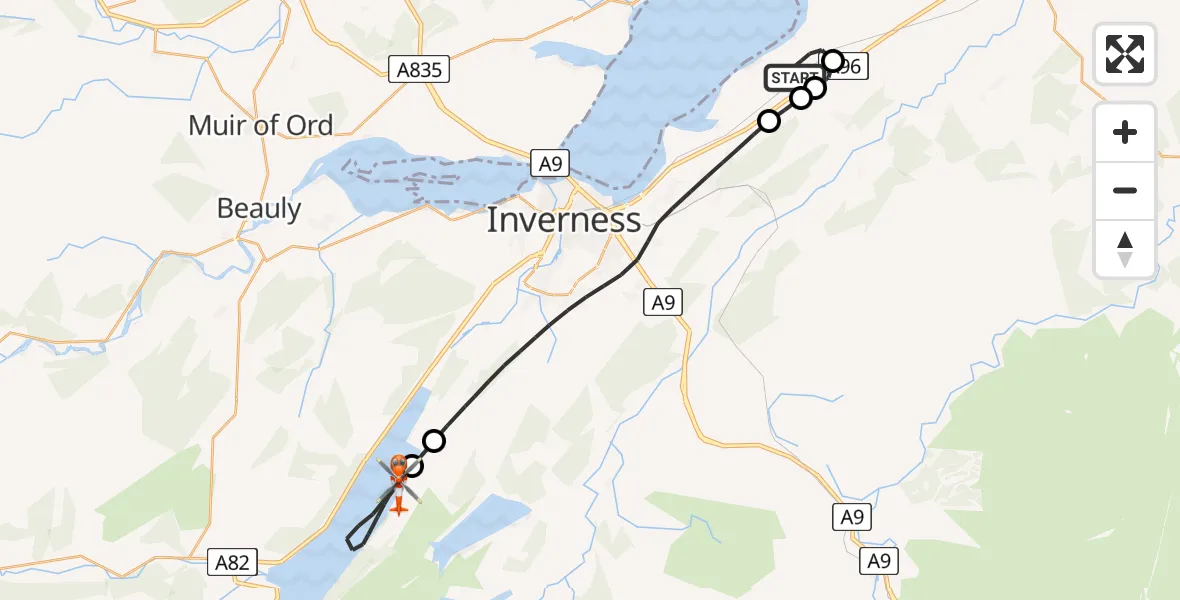 Flight route Coastguard Helicopter Inverness Airport - Loch Ness, 17 July 2026, 09:03