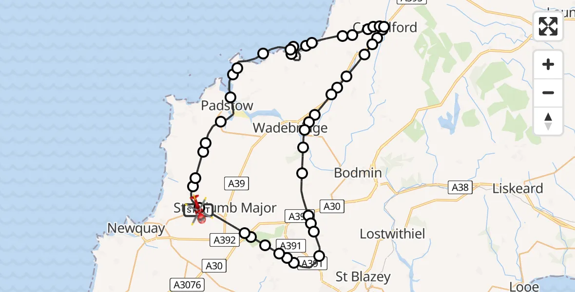 Flight route Air Ambulance Helicopter Cornwall Airport Newquay - Cornwall Airport Newquay, 17 July 2026, 09:03