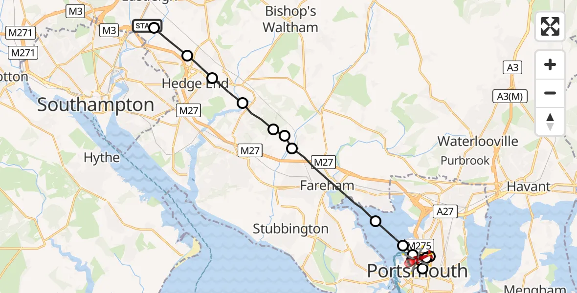 Flight route Air Ambulance Helicopter Southampton Airport - Stamshaw, 17 July 2026, 09:23