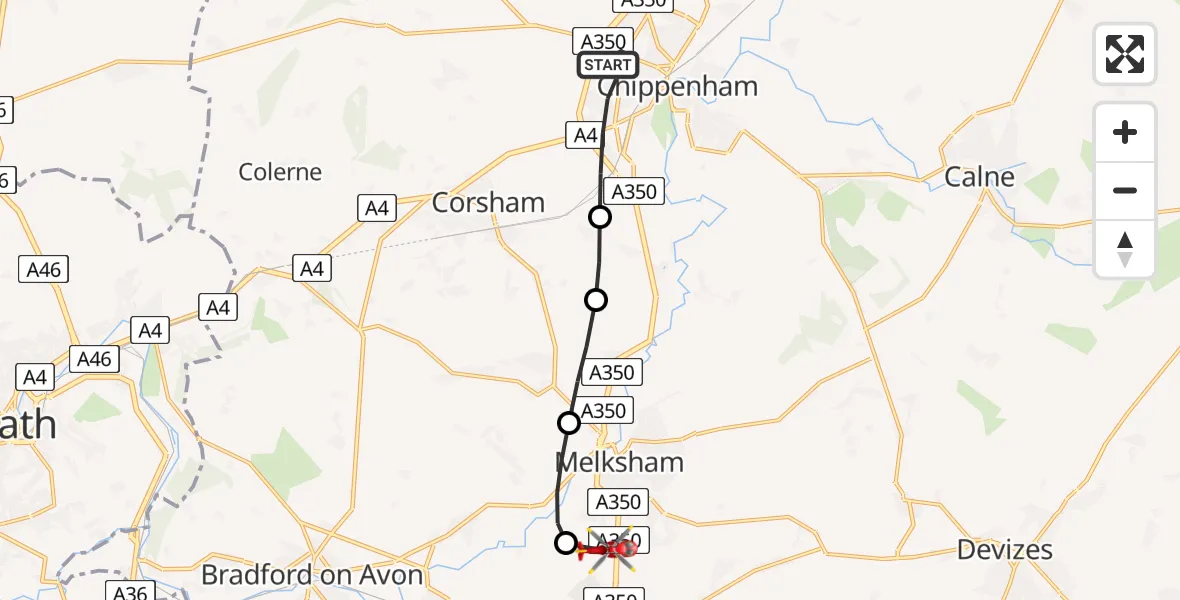 Flight route Air Ambulance Helicopter Chippenham - Melksham, 17 July 2026, 09:28