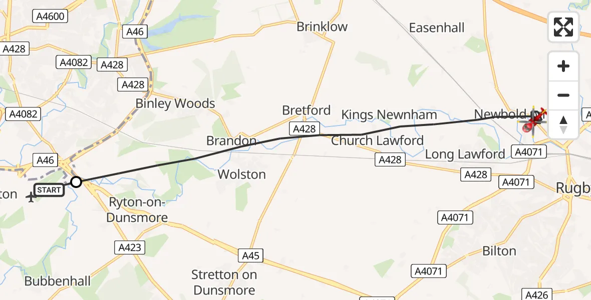Flight route Air Ambulance Helicopter Coventry Airport - Rugby, 17 July 2026, 09:35