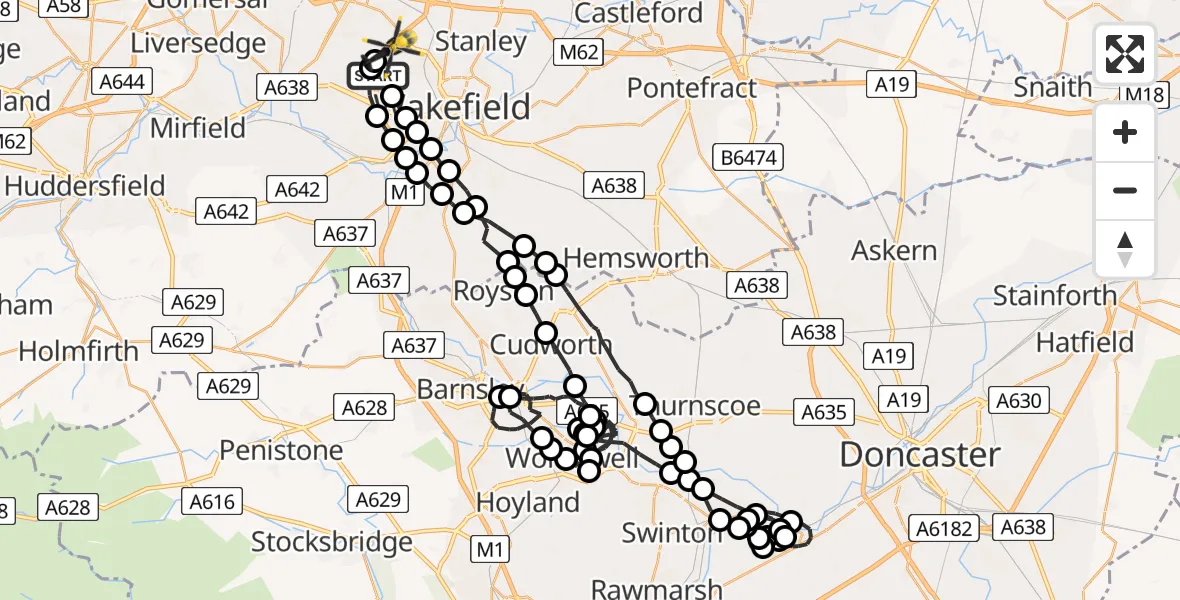 Flight route Police Helicopter Ossett - East Ardsley, 17 July 2026, 09:37
