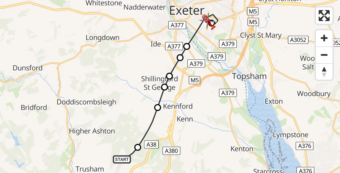 Flight route Air Ambulance Helicopter Chudleigh - Royal Devon & Exeter Hospital, 17 July 2026, 09:40