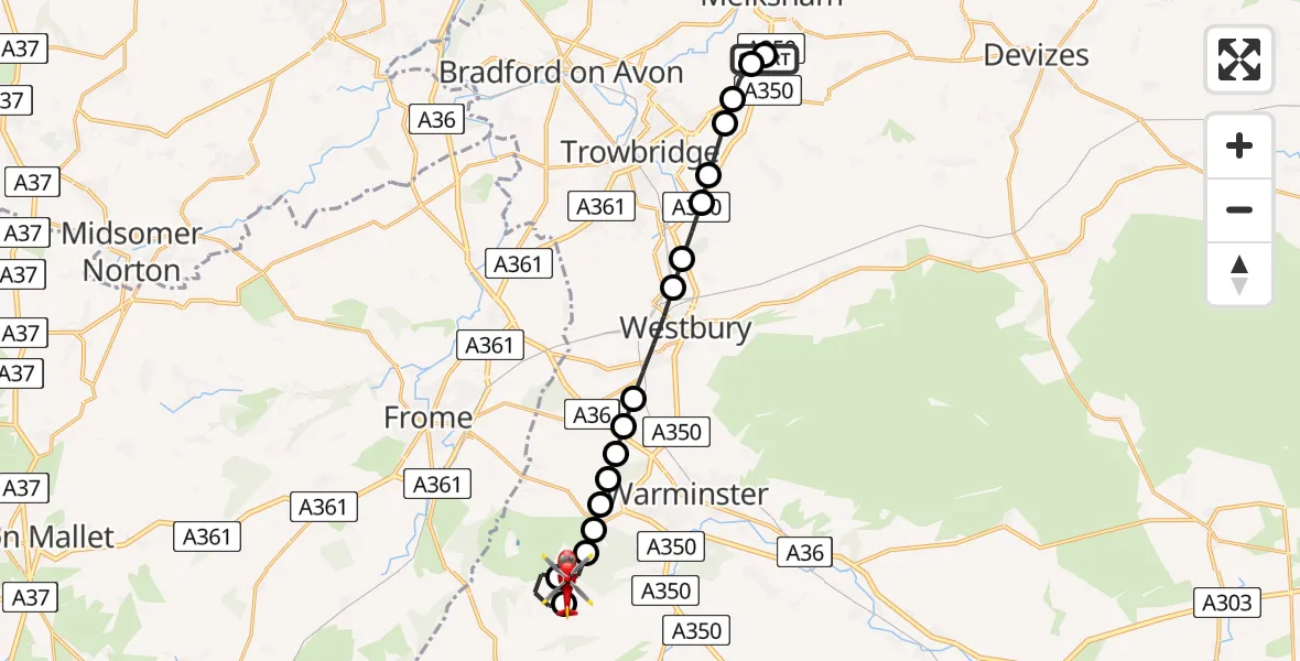 Flight route Air Ambulance Helicopter Wiltshire Air Ambulance - Longbridge Deverill, 17 July 2026, 09:41