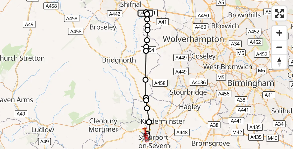 Flight route Air Ambulance Helicopter RAF Cosford - Wyre Forest, 17 July 2026, 09:47