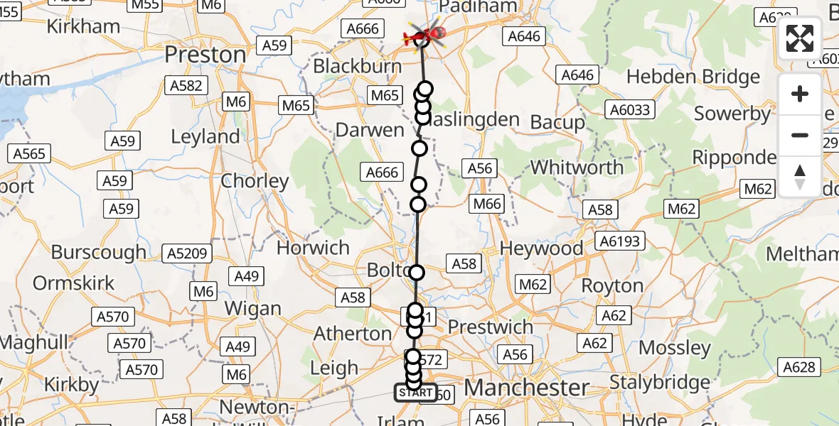 Flight route Air Ambulance Helicopter Irlam - Clayton-le-Moors, 17 July 2026, 09:50