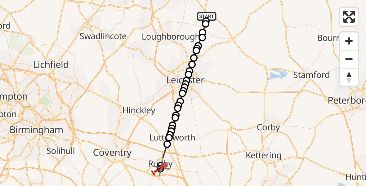 Flight route Air Ambulance Helicopter Rushcliffe - Rugby, 17 July 2026, 09:55