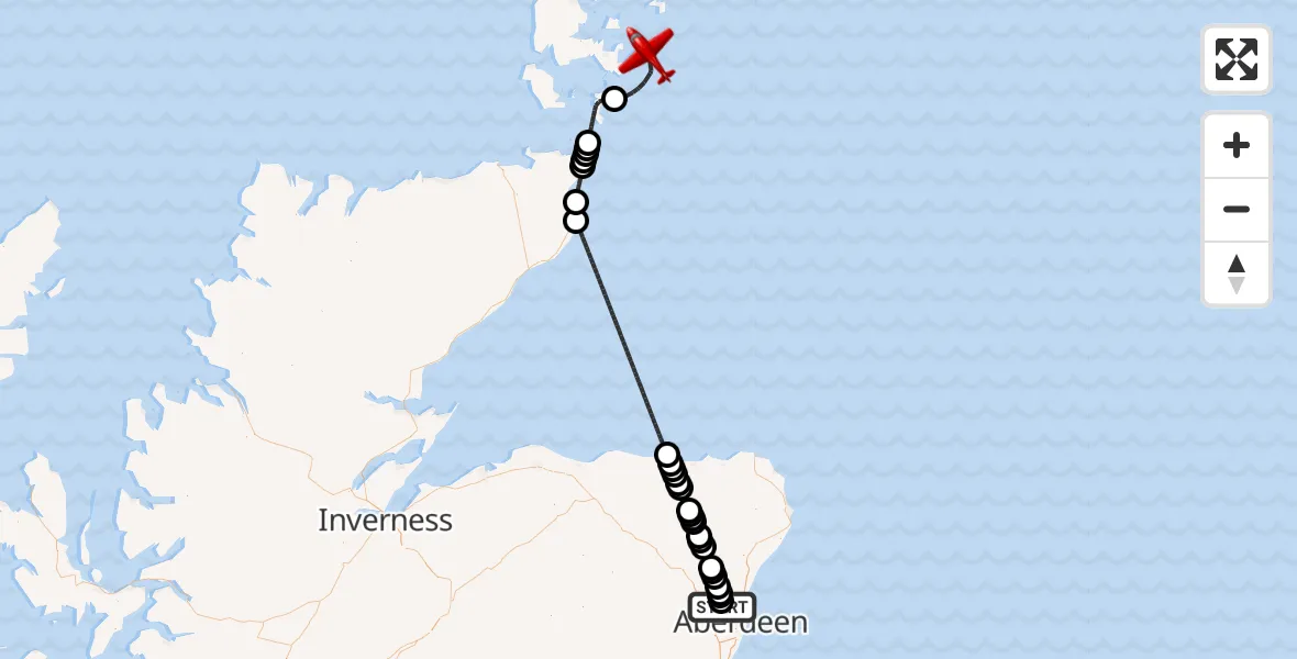 Flight route Air Ambulance Aircraft Aberdeen International Airport - North Sea, 17 July 2026, 09:56