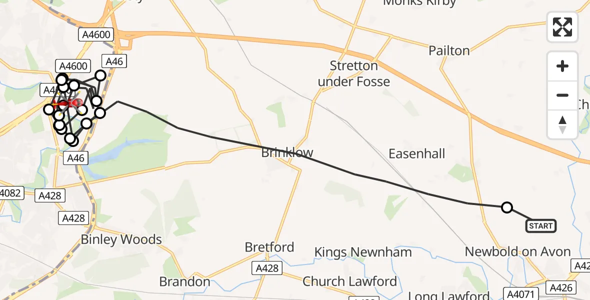 Flight route Air Ambulance Helicopter Rugby - Walsgrave, 17 July 2026, 10:09