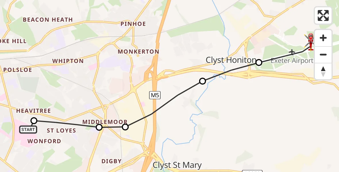 Flight route Air Ambulance Helicopter Royal Devon & Exeter Hospital - Exeter International Airport, 17 July 2026, 10:30