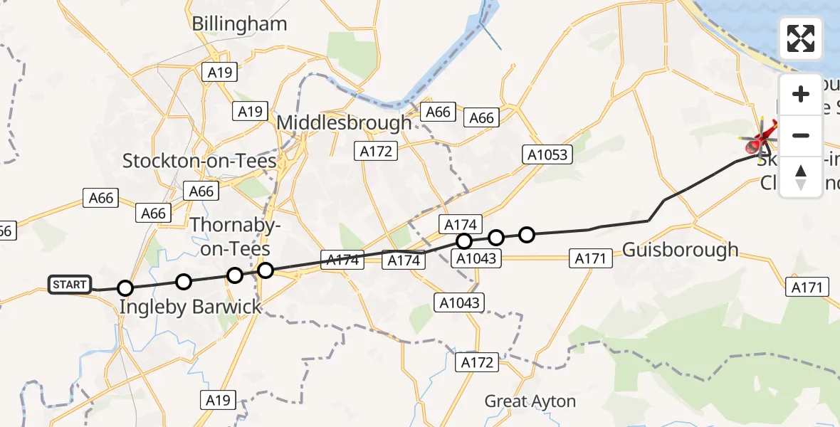 Flight route Air Ambulance Helicopter Egglescliffe - Guisborough, 17 July 2026, 10:41