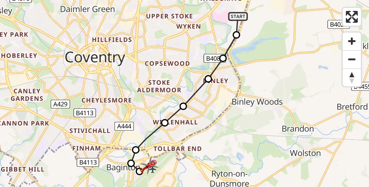 Flight route Air Ambulance Helicopter University Hospital Coventry - Coventry Airport, 17 July 2026, 10:43