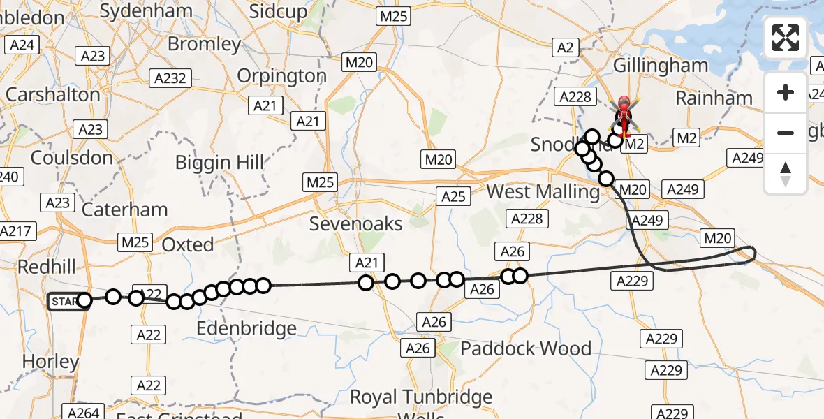 Flight route Air Ambulance Helicopter Redhill Aerodrome - Rochester Airport, 17 July 2026, 10:52