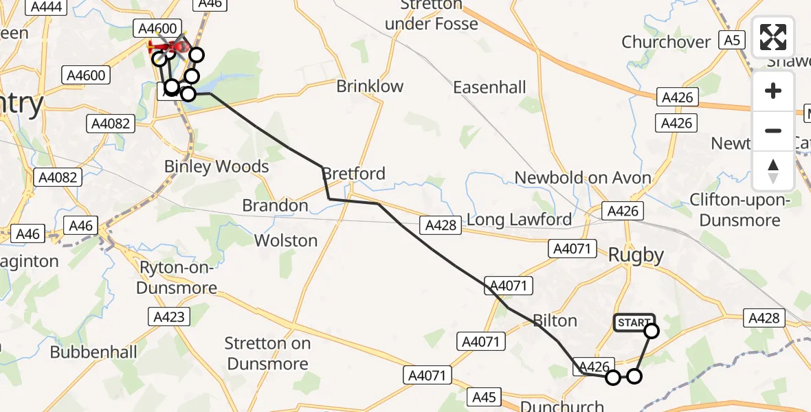 Flight route Air Ambulance Helicopter Rugby - University Hospital Coventry, 17 July 2026, 11:04