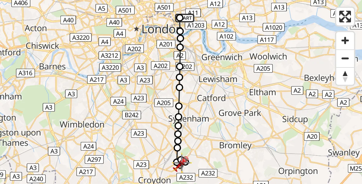Flight route Air Ambulance Helicopter Royal London Hospital - Woodside, 17 July 2026, 11:06