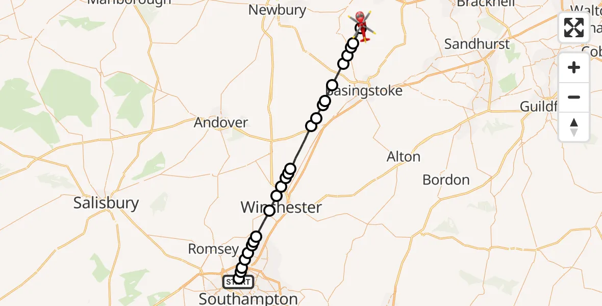 Flight route Air Ambulance Helicopter University Hospital Southampton - Mortimer West End, 17 July 2026, 11:07