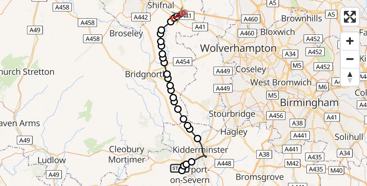 Flight route Air Ambulance Helicopter Wyre Forest - Cosford, 17 July 2026, 11:13