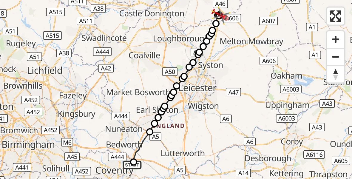 Flight route Air Ambulance Helicopter Walsgrave - Nottingham Heliport, 17 July 2026, 11:26
