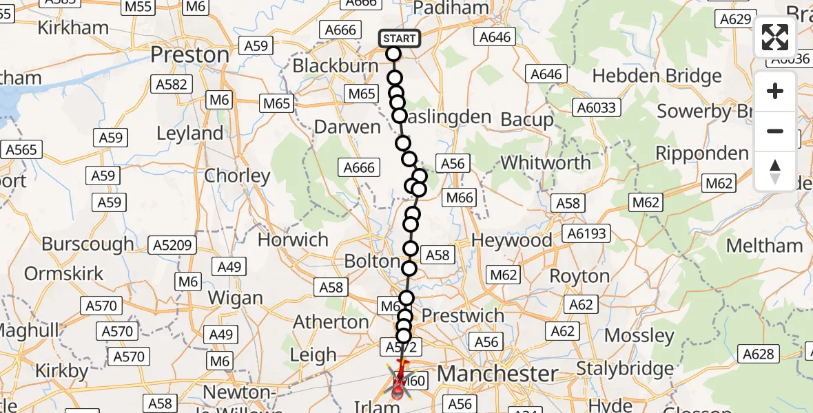 Flight route Air Ambulance Helicopter Clayton-le-Moors - Irlam, 17 July 2026, 11:36