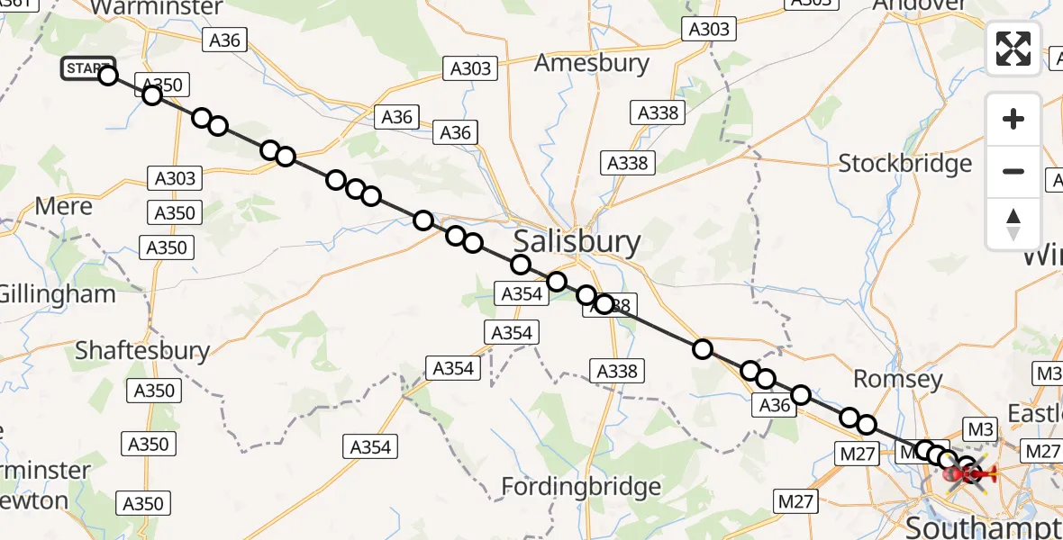 Flight route Air Ambulance Helicopter Horningsham - University Hospital Southampton, 17 July 2026, 11:39