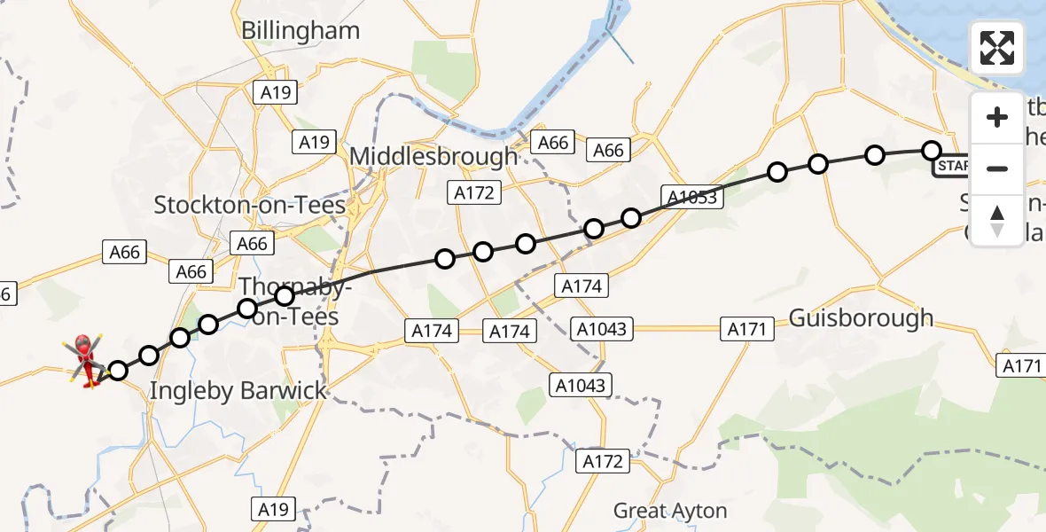 Flight route Air Ambulance Helicopter Guisborough - Egglescliffe, 17 July 2026, 11:44