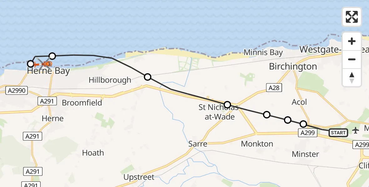 Flight route Coastguard Helicopter Manston Airport - Canterbury, 17 July 2026, 11:57