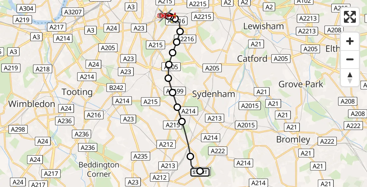 Flight route Air Ambulance Helicopter Woodside - Kings College London Hospital, 17 July 2026, 11:59