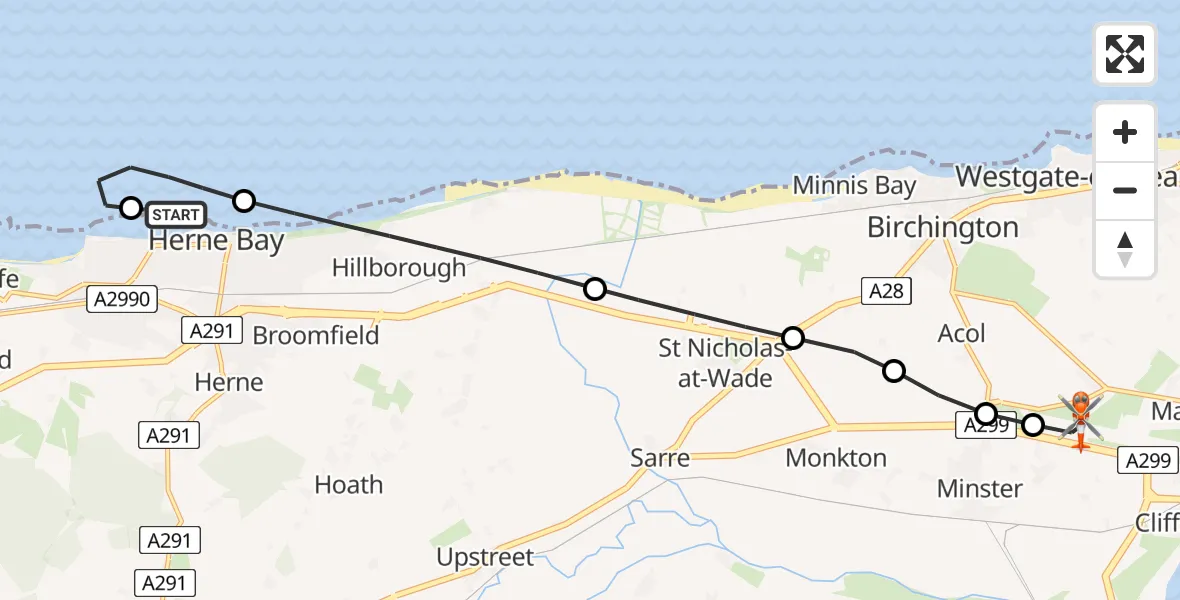 Flight route Coastguard Helicopter Canterbury - Manston Airport, 17 July 2026, 12:04