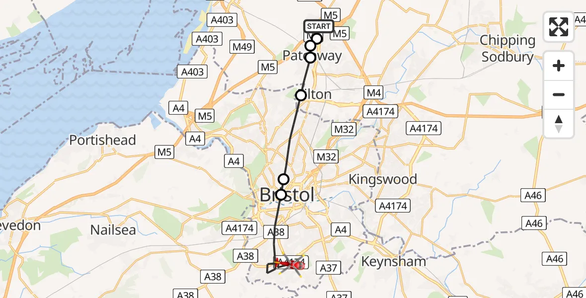 Flight route Air Ambulance Helicopter Almondsbury Helicopter Base - Bristol, 17 July 2026, 12:07