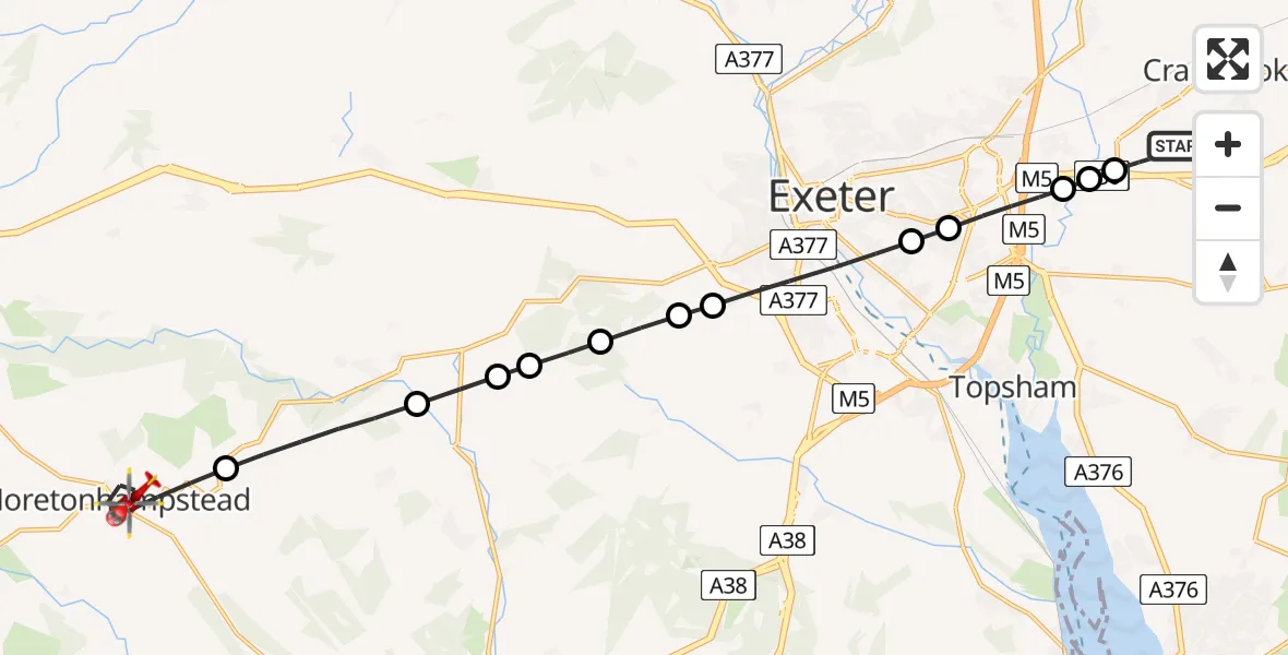 Flight route Air Ambulance Helicopter Exeter International Airport - Moretonhampstead, 17 July 2026, 12:10