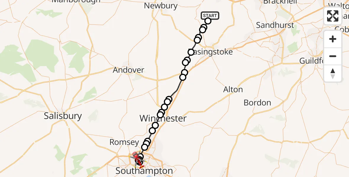 Flight route Air Ambulance Helicopter Mortimer West End - University Hospital Southampton, 17 July 2026, 12:18