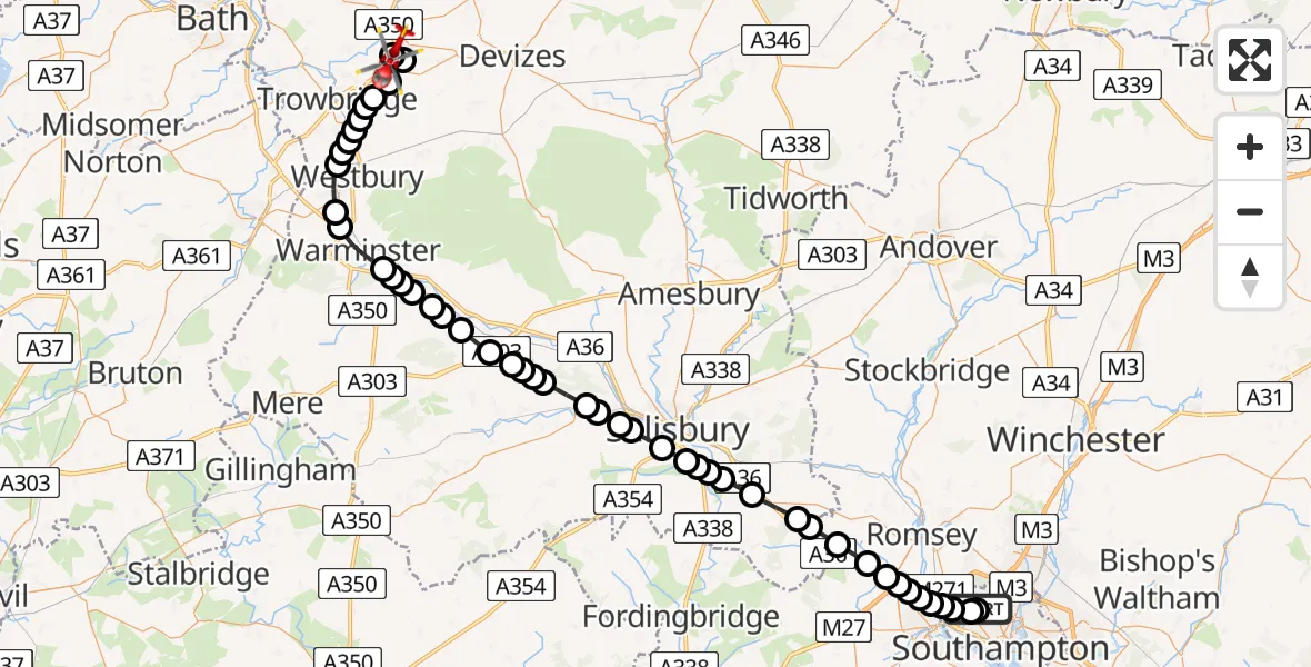 Flight route Air Ambulance Helicopter University Hospital Southampton - Wiltshire Air Ambulance, 17 July 2026, 12:29