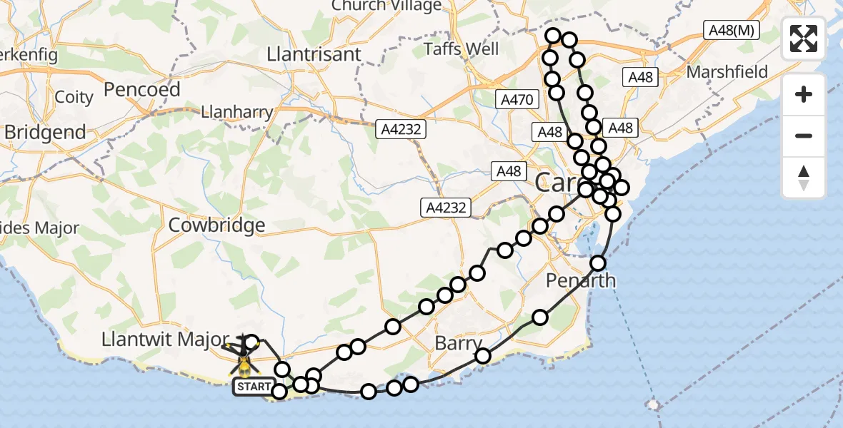 Flight route Police Helicopter Gileston - MOD St Athan, 17 July 2026, 12:29