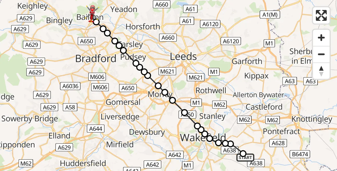 Flight route Air Ambulance Helicopter YAA Nostell Helicopter Port - Baildon, 17 July 2026, 12:30