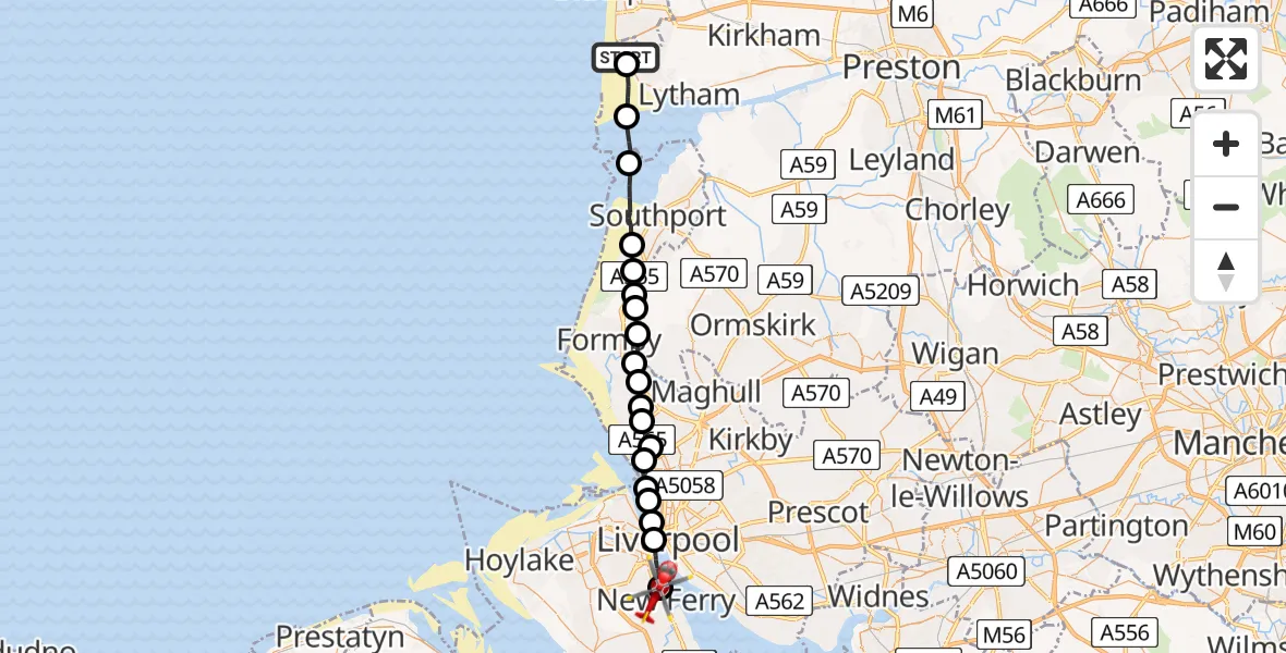Flight route Air Ambulance Helicopter Blackpool Airport - New Ferry, 17 July 2026, 12:48