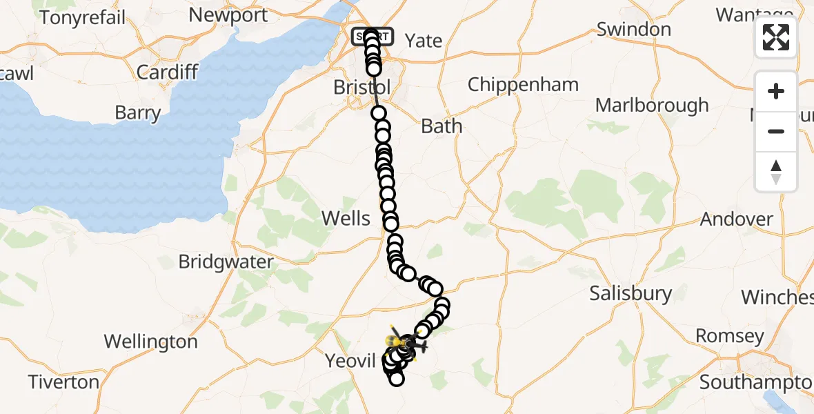 Flight route Police Helicopter Almondsbury Helicopter Base - Milborne Wick, 17 July 2026, 12:54