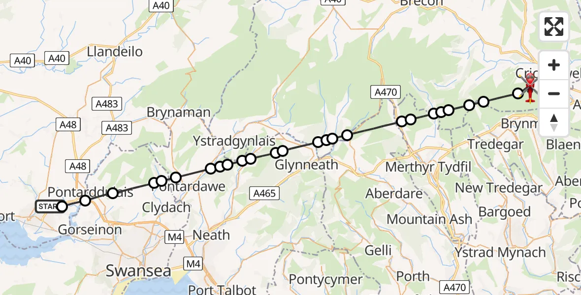 Flight route Air Ambulance Helicopter Dafen - Llangattock, 17 July 2026, 13:02