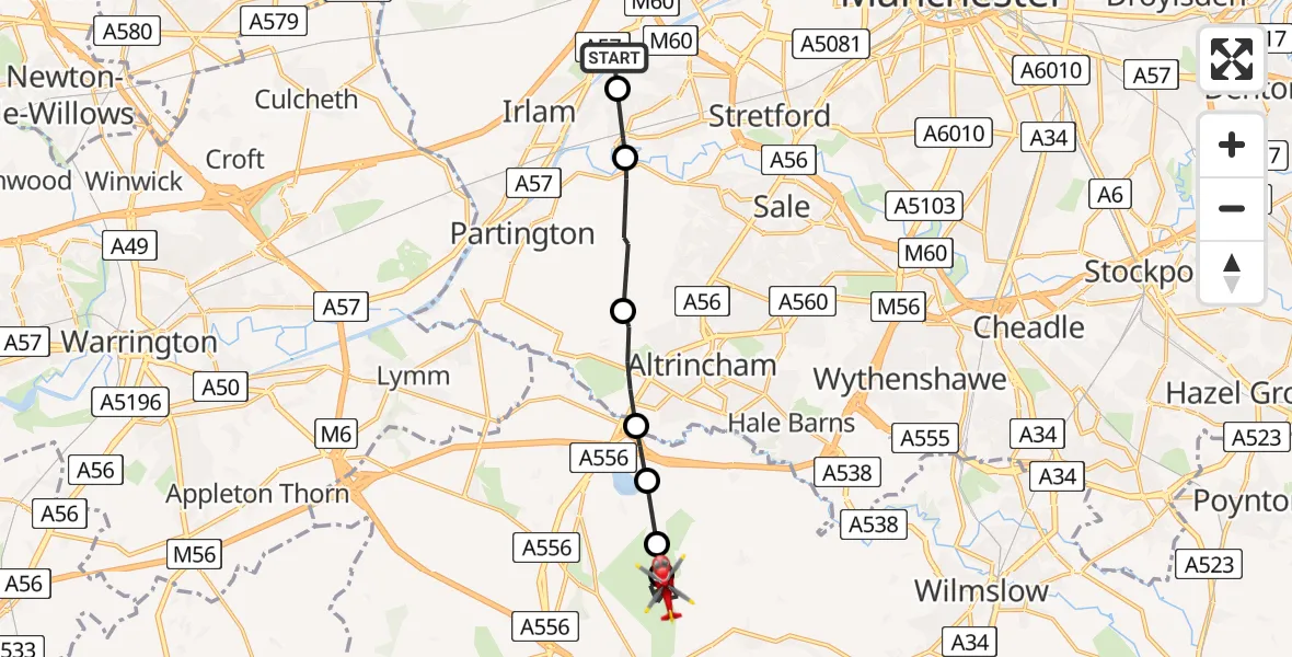 Flight route Air Ambulance Helicopter Irlam - Knutsford, 17 July 2026, 13:13