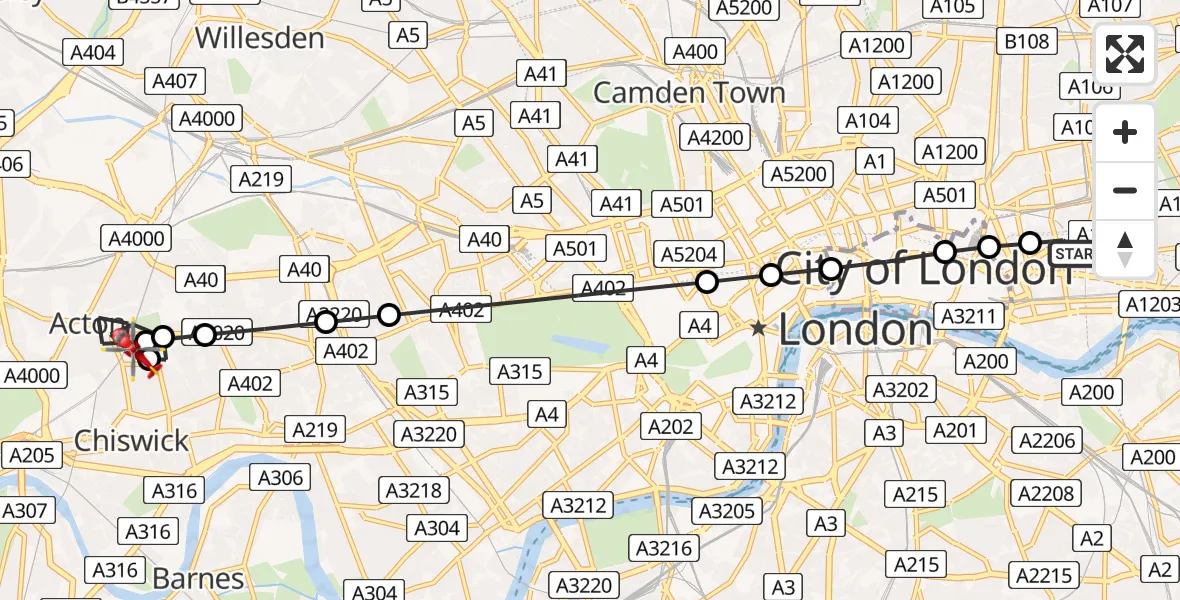 Flight route Air Ambulance Helicopter Royal London Hospital - Bollo Brook Youth Centre, 17 July 2026, 13:23