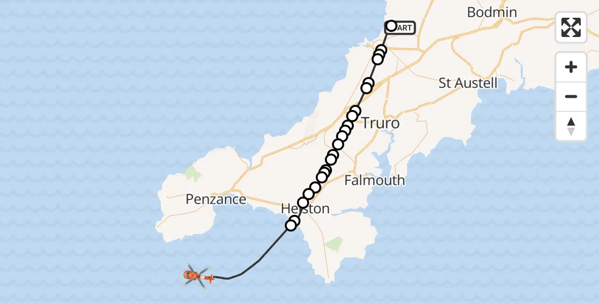 Flight route Coastguard Helicopter Cornwall Airport Newquay - English Channel, 17 July 2026, 13:24