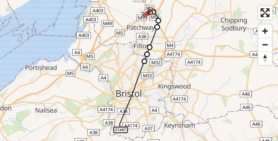 Flight route Air Ambulance Helicopter Bristol - Almondsbury Helicopter Base, 17 July 2026, 13:24