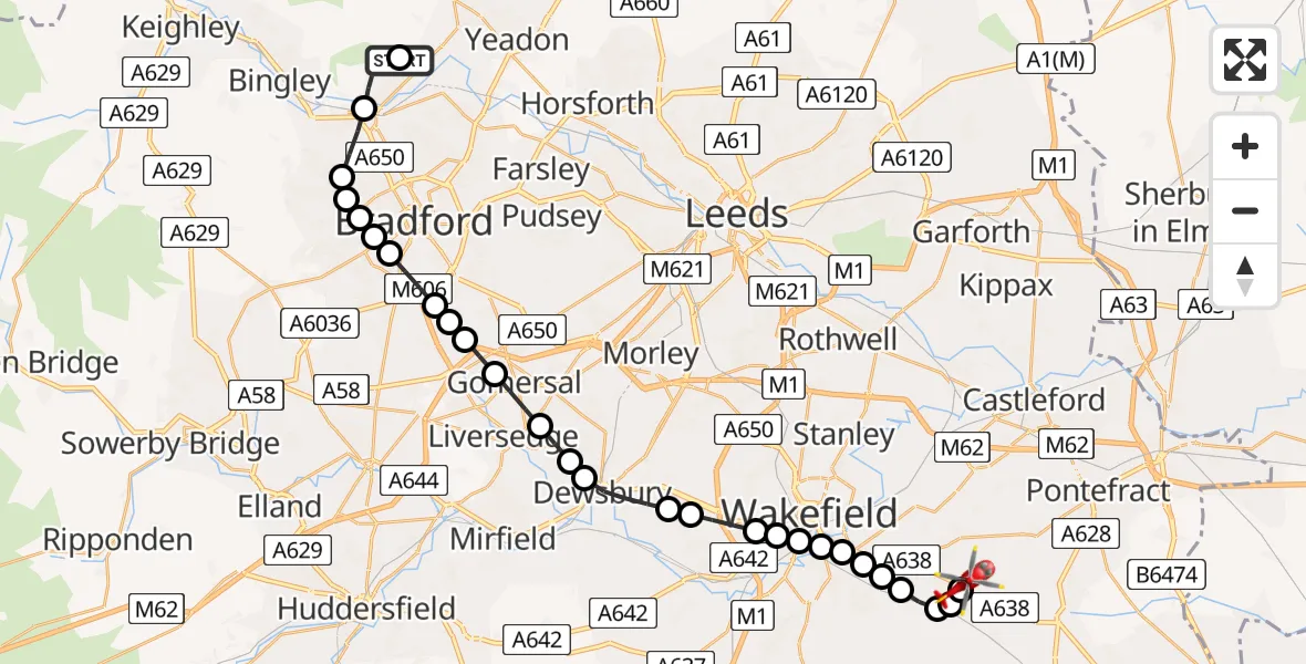 Flight route Air Ambulance Helicopter Baildon - YAA Nostell Helicopter Port, 17 July 2026, 13:27