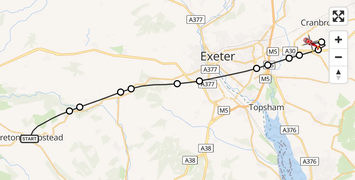 Flight route Air Ambulance Helicopter Moretonhampstead - Exeter International Airport, 17 July 2026, 13:27