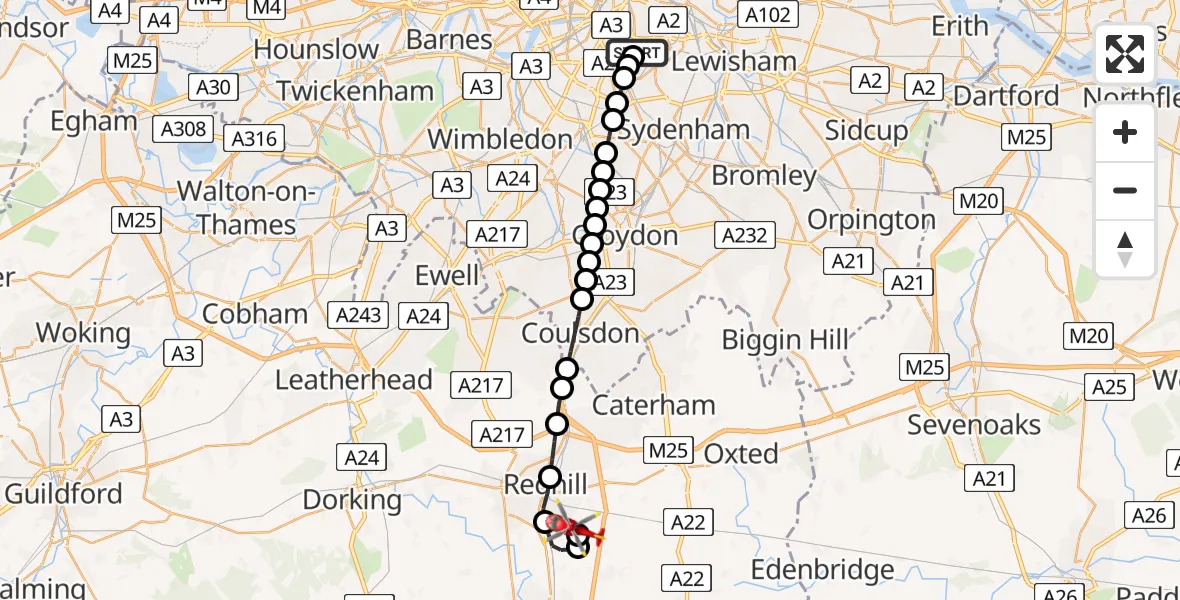 Flight route Air Ambulance Helicopter Kings College London Hospital - Redhill Aerodrome, 17 July 2026, 13:29