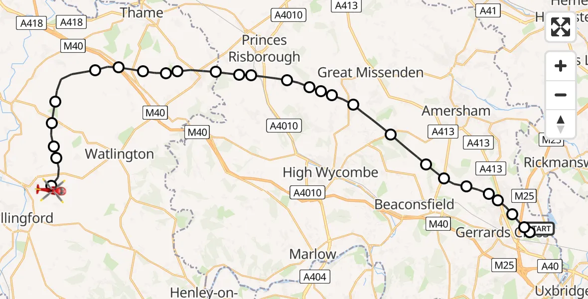 Flight route Air Ambulance Helicopter Denham Aerodrome - RAF Benson, 17 July 2026, 13:33
